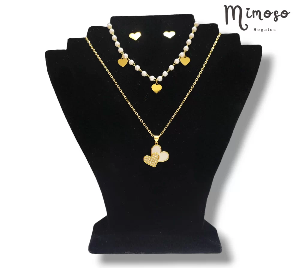 Collar dos tiempos corazones y perlas + aretes