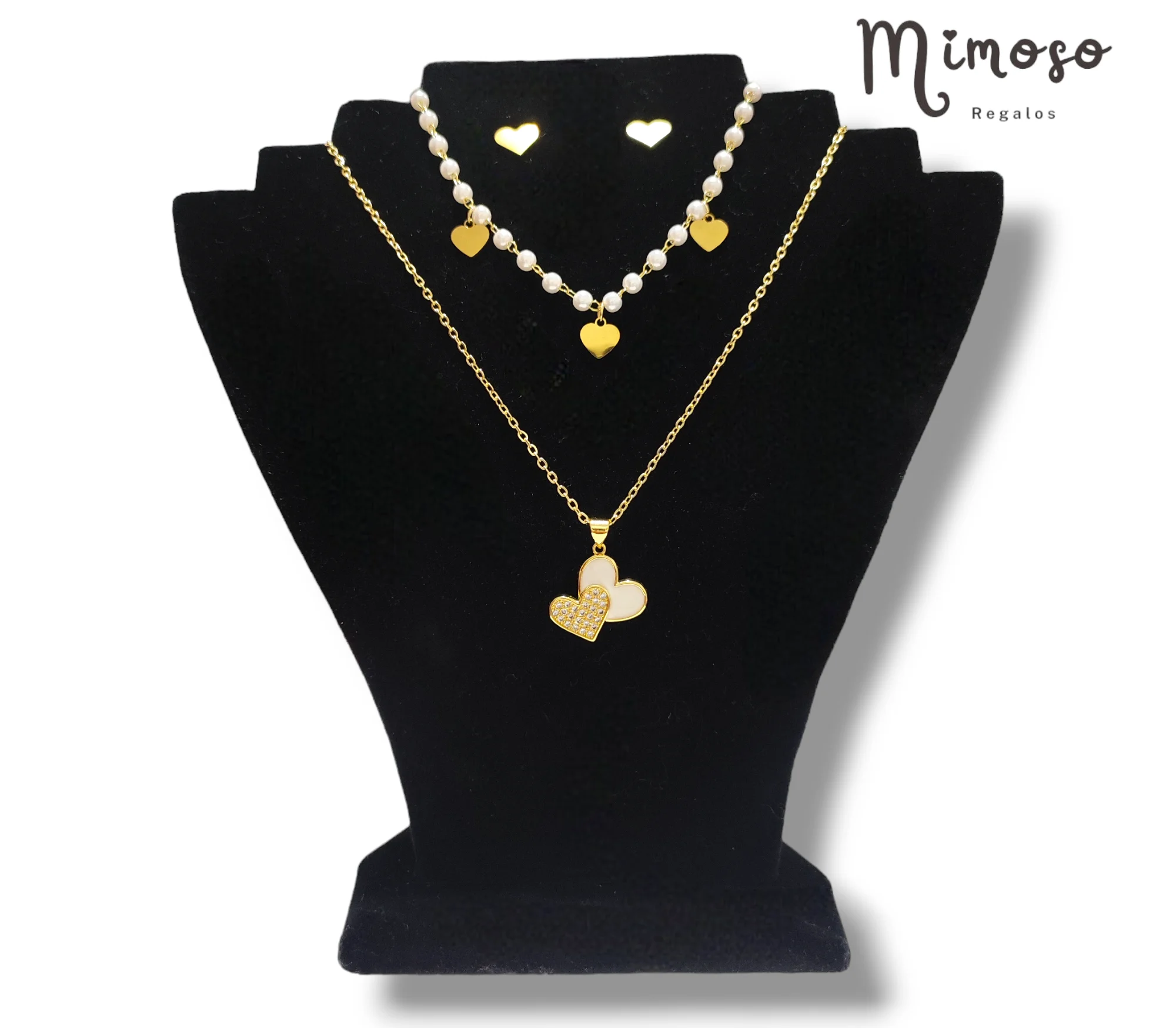 Collar dos tiempos corazones y perlas + aretes
