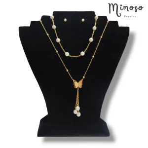 Collar mariposa con perlas + aretes de perla