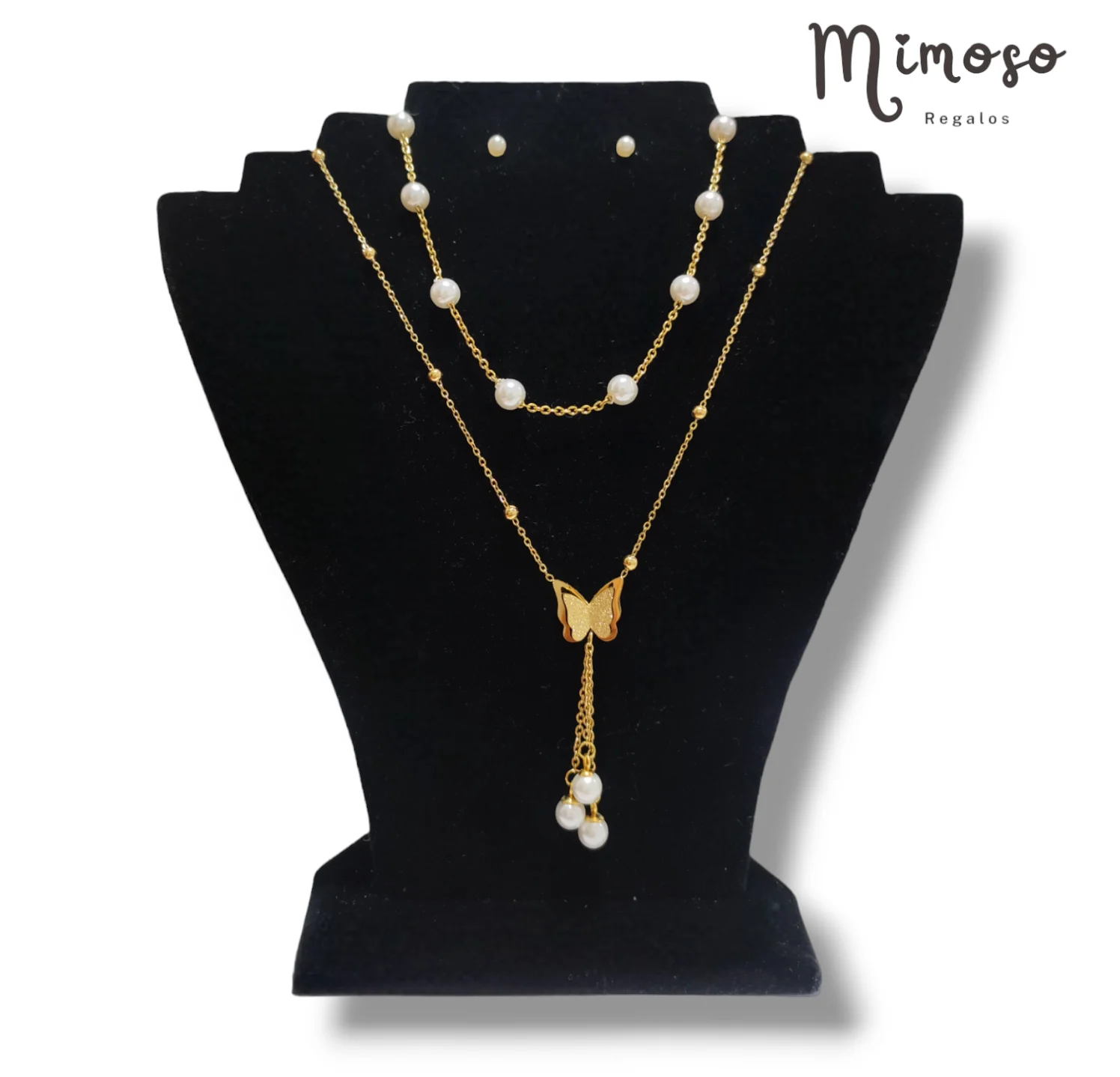 Collar mariposa con perlas + aretes de perla